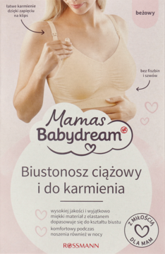 Beżowy biustonosz ciążowy i do karmienia Mamas Babydream na modelce. Miękki, bez fiszbin, z łatwym klipsem.