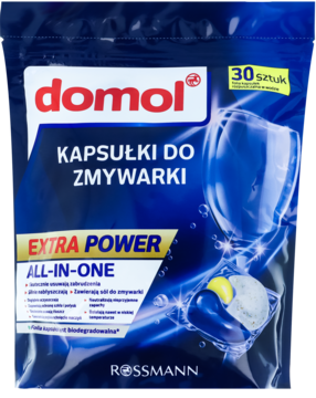 Ciemnoniebieskie opakowanie kapsułek Domol All-in-One do zmywarki, z żółto-białą kapsułką i napisem 30 sztuk.