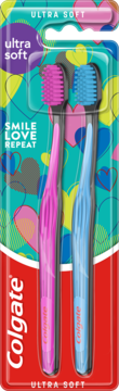 Colgate Ultra Soft, 2 szczoteczki do zębów (różowa, niebieska), przód opakowania z sercami.