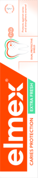 Elmex Caries Protection Extra Fresh pasta do zębów, pionowy kartonik, pomarańczowo-białe opakowanie z zielonym paskiem.