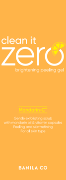 Banila Co Clean It Zero Mandarin-C Brightening Peeling Gel, pomarańczowe opakowanie z grafiką cytryny, widok z przodu.
