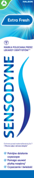 Pionowe opakowanie pasty Sensodyne Extra Fresh, z napisem „Extra Fresh”, polecane przez dentystów, widok z przodu.