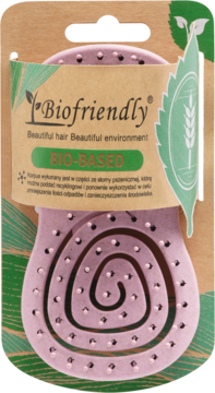 Fioletowa bio-based szczotka do włosów Biofriendly z ergonomicznym kształtem i masującymi igłami, w brązowym opakowaniu.