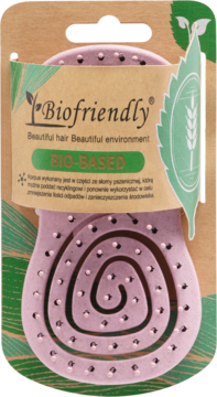 Fioletowa bio-based szczotka do włosów Biofriendly z ergonomicznym kształtem i masującymi igłami, w brązowym opakowaniu.