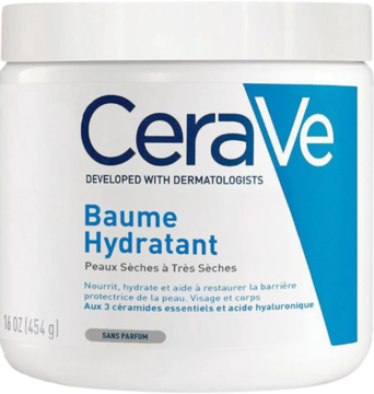 CeraVe Baume Hydratant, biały słoik 454g z niebieskim logo, widok z przodu. Krem nawilżający do skóry suchej i bardzo suchej.