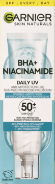 Garnier BHA+ Niacinamide Daily UV SPF 50+ fluid przeciw niedoskonałościom, biała tuba, matowe wykończenie.