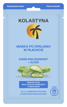 Maska Kolastyna po opalaniu w niebieskiej saszetce, z kwasem hialuronowym i aloesem, widok z przodu.