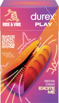 Opakowanie Durex Play Vibrating Stroker Excite Me. Neonowe pomarańczowo-różowe linie na fioletowym tle, przód.