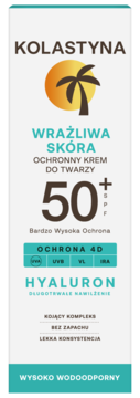 Kolastyna krem do twarzy SPF 50+ z kwasem hialuronowym, białe opakowanie z zielonymi paskami, widok z przodu.