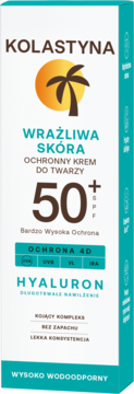 Białe opakowanie kremu Kolastyna SPF 50+ dla wrażliwej skóry, z palmą i słońcem, wodoodporny, widok z przodu.