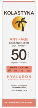 Kolastyna Anti-Age ochronny krem do twarzy SPF 50 w białej tubie z palmą, wodoodporny, widok z przodu.