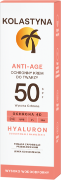 Kolastyna Anti-Age krem do twarzy SPF 50, biało-różowe opakowanie 4D z hialuronem, wodoodporny, widok z przodu.