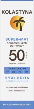 Biały krem Kolastyna Super-Mat SPF 50 do twarzy z logo palmą, wodoodporny, matowe wykończenie, widok z przodu.