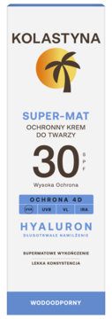 Front opakowania Kolastyna Super-Mat matującego kremu ochronnego do twarzy SPF 30 z filtrem 4D, wodoodporny.