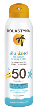 Biały spray ochronny Kolastyna dla dzieci SPF 50 na mokrą i suchą skórę, z żółtą nakrętką i palmą.