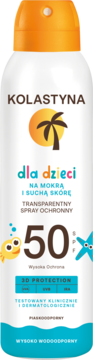 Kolastyna spray ochronny dla dzieci SPF 50, biała butelka z pomarańczową nakrętką, na mokrą i suchą skórę, widok z przodu.