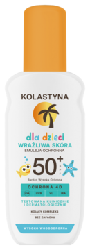 Biała butelka emulsji Kolastyna SPF 50+ dla dzieci o wrażliwej skórze, z pomarańczową zakrętką, widok z przodu.