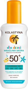 Biała butelka Kolastyna emulsja ochronna dla dzieci, SPF 50+, na wrażliwą skórę, wodoodporna, pomarańczowa nakrętka.