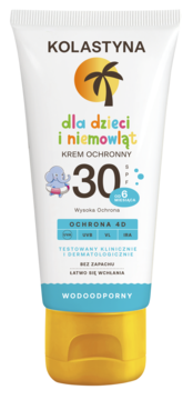 Biała tuba wodoodpornego kremu Kolastyna SPF 30 dla dzieci i niemowląt, z pomarańczową nakrętką, widok z przodu.