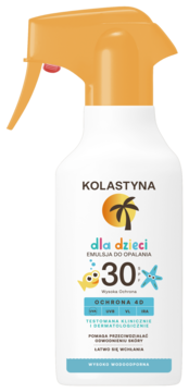 Biała butelka sprayu Kolastyna dla dzieci SPF 30 z pomarańczową pompką i logo palmy, widok z przodu.