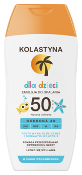 Kolastyna dla dzieci SPF 50 emulsja do opalania, biała butelka z pomarańczową nakrętką, widok z przodu.