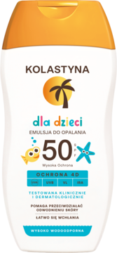 Biała butelka Kolastyna emulsja do opalania dla dzieci SPF 50, pomarańczowa nakrętka, logo palmy na słońcu.