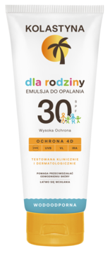 Kolastyna Emulsja do Opalania SPF 30 wodoodporna, biała tubka z pomarańczowym logo palmy i napisem "dla rodziny".