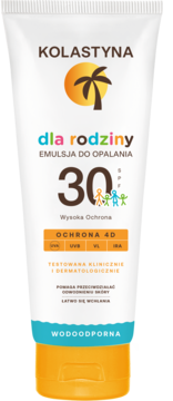 Biała tubka emulsji do opalania Kolastyna dla rodziny, SPF 30, wodoodporna, widok z przodu.