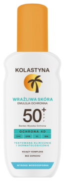 Kolastyna emulsja ochronna SPF 50+ do skóry wrażliwej w białej butelce z pomarańczową nakrętką i logo palmy, widok z przodu.