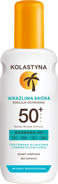 Biała butelka Kolastyna Emulsja Ochronna SPF 50+ dla wrażliwej skóry, z palmą i pomarańczową nakrętką, widok z przodu.