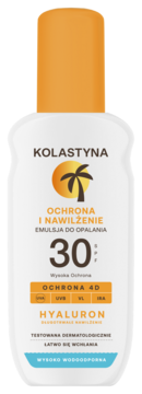 Biała butelka Kolastyna emulsji do opalania SPF 30 z pomarańczową nakrętką, widok z przodu, Ochrona 4D.