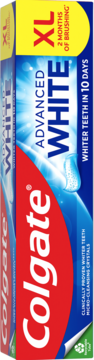 Pionowe pudełko pasty Colgate Advanced White XL. Czerwono-niebieskie z ų3łtym XL, "WHITER TEETH IN 10 DAYS".