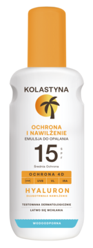 Wodoodporna emulsja do opalania Kolastyna SPF 15 w białej butelce z pomarańczową nakrętką, widok z przodu.
