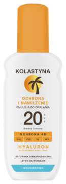 Kolastyna emulsja do opalania SPF 20 nawilżająca, biała butelka z pomarańczową nakrętką, widok z przodu.