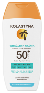 Kolastyna emulsja ochronna SPF 50+ do skóry wrażliwej, wodoodporna, w białej butelce z pomarańczową nakrętką, widok z przodu.