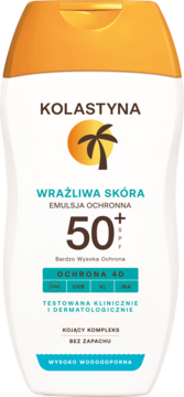 Kolastyna emulsja ochronna SPF 50+ dla skóry wrażliwej, biała butelka z pomarańczową nakrętką, widok z przodu.