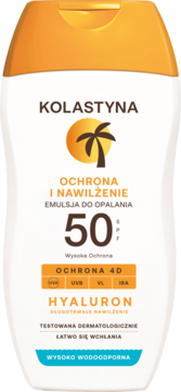 Biała butelka Kolastyna emulsja do opalania SPF 50 z hialuronem i ochroną 4D, wysoko wodoodporna, widok z przodu.