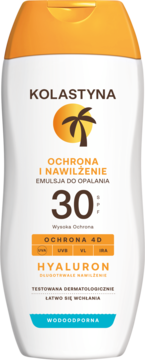 Kolastyna emulsja do opalania SPF 30. Biała butelka z palmą, pomarańczowy korek, widok z przodu. Nawilża, wodoodporna.