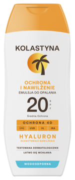 Biała butelka emulsji Kolastyna SPF 20 z pomarańczową nakrętką, widok z przodu, ochrona 4D i hialuron.