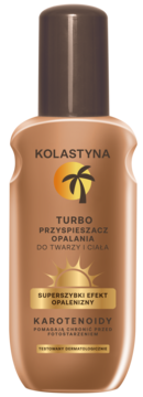 Kolastyna Turbo przyśpieszacz opalania do twarzy i ciała, brązowa butelka z logo palmą, widok z przodu.