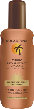 Kolastyna Turbo przyśpieszacz opalania do twarzy i ciała, brązowa butelka z karotenoidami, widok z przodu.