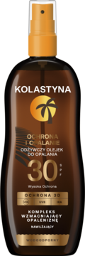 Kolastyna Odżywczy Olejek do Opalania SPF 30 w brązowej butelce z pomarańczowym atomizerem, widok z przodu.