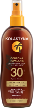 Kolastyna Odżywczy Olejek do Opalania SPF 30 w brązowej butelce z atomizerem, widok z przodu, ochrona 3D.