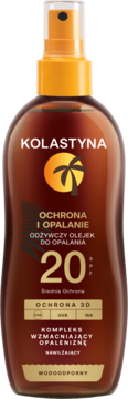 Kolastyna SPF 20 odżywczy olejek do opalania, ciemnobrązowa butelka z pomarańczowym atomizerem, widok z przodu, wodoodporny.