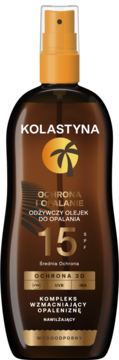 KOLASTYNA Odżywczy olejek do opalania SPF 15, brązowa butelka z pomarańczowym atomizerem, widok z przodu.