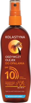 Kolastyna Odżywczy Olejek do Opalania SPF 10, brązowa butelka, pomarańczowy atomizer, widok z przodu.