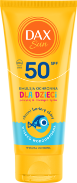 Żółta emulsja ochronna Dax Sun SPF 50 dla dzieci, widok z przodu, z niebieską grafiką rybki.