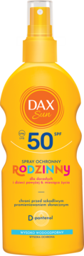 Żółta butelka Dax Sun rodzinny spray ochronny SPF 50, widok z przodu, wodoodporny dla całej rodziny.
