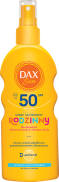 Żółty spray Dax Sun SPF 50 Rodzinny z kolorowym napisem, wodoodporny, dla dzieci i dorosłych, widok z przodu.