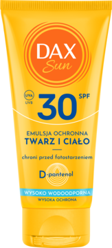 DAX SUN ,emulsja ochronna, do twarzy i ciała, SPF 30, travel, wysoko wodoodporna,przód